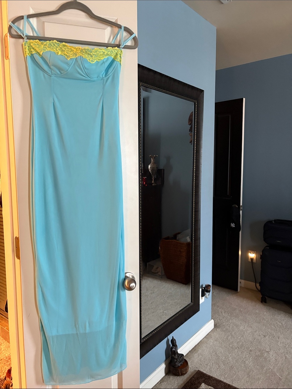 Unbranded Blue Maxi Dress with Yellow Lace Trim
